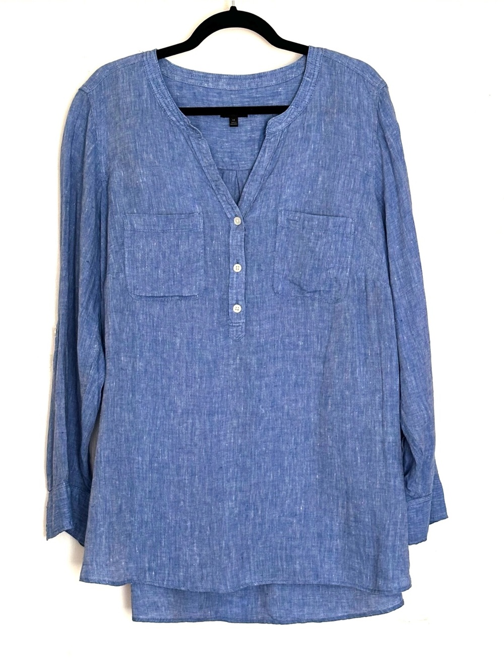 Talbots Side Button Linen Band Collar Popover Cross Dye Top Size 1X 100% Linen - Picture 2 of 6